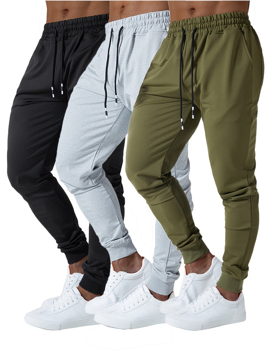 3pcs Men's Jogger Sweatpants - Ultra-Elastic Gym Pants with Deep Side Pockets, Mid-Rise Athletic Workout Bottoms, Solid Color Casual & Training Wear, Machine Washable (Regular Fit) - Bulk Pack for Running, Gym, Everyday Use -