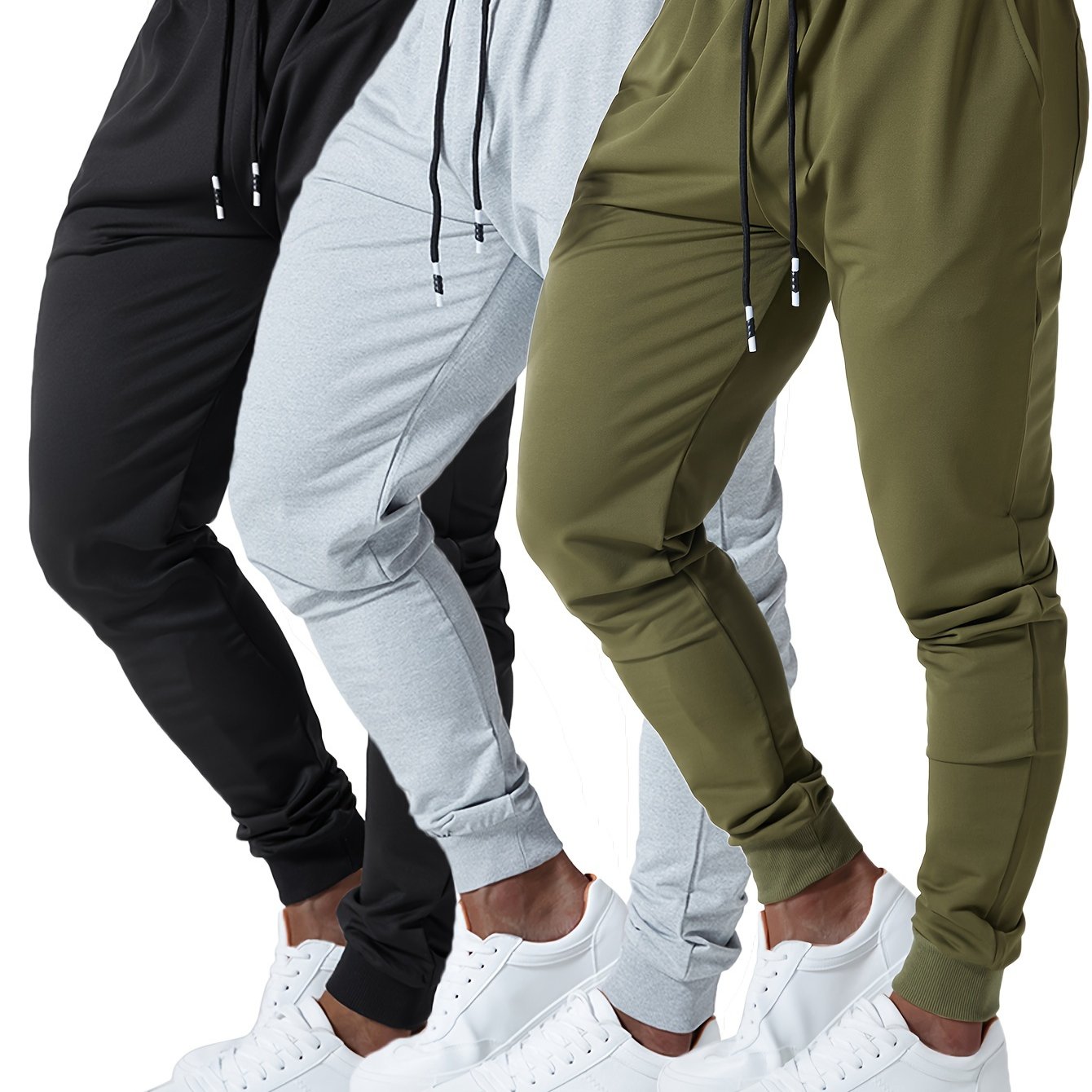 3pcs Men's Jogger Sweatpants - Ultra-Elastic Gym Pants with Deep Side Pockets, Mid-Rise Athletic Workout Bottoms, Solid Color Casual & Training Wear, Machine Washable (Regular Fit) - Bulk Pack for Running, Gym, Everyday Use -