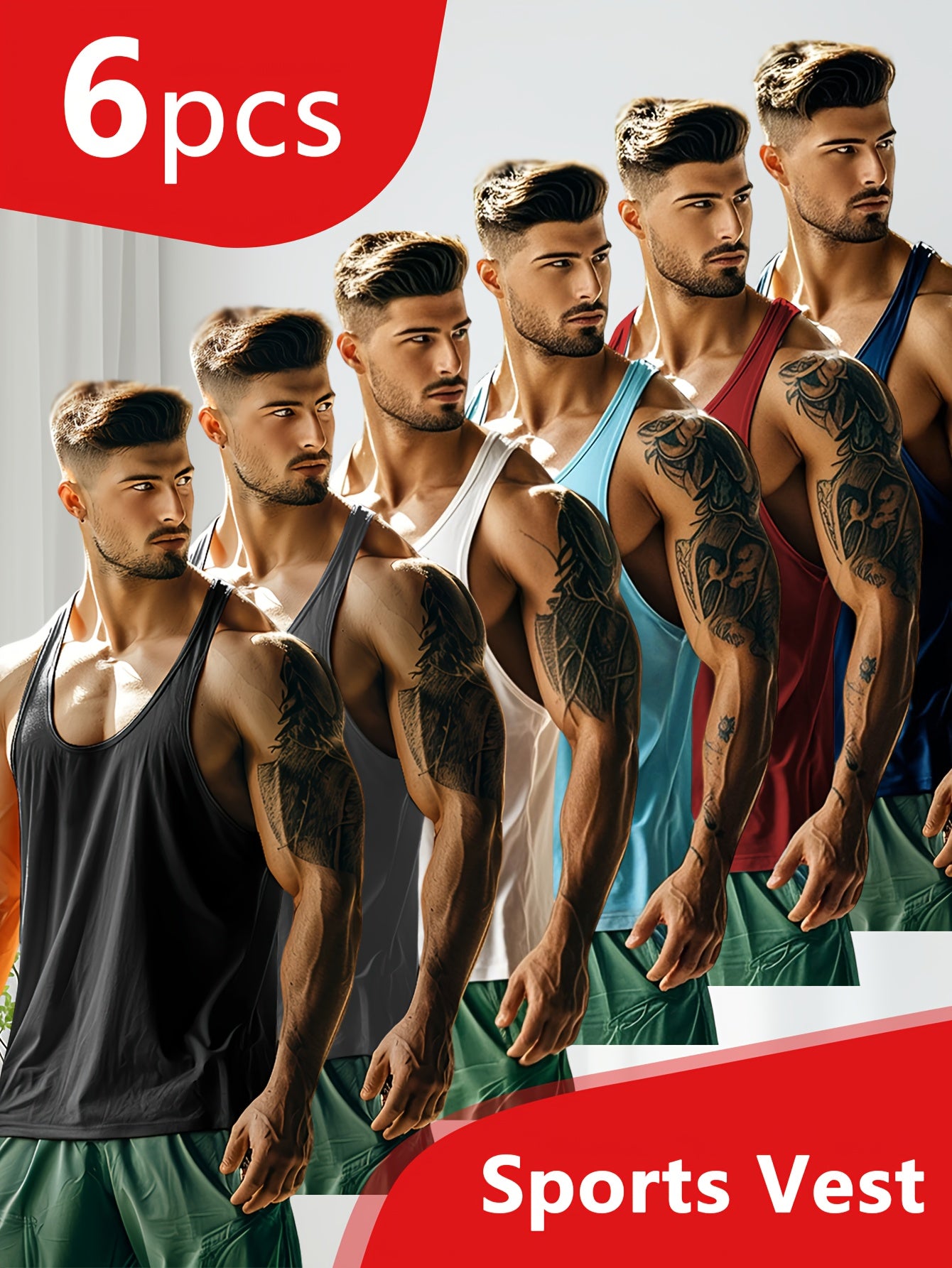 [Quick-Dry Athletic Vests] 6pcs Men's Quick-Dry Athletic Sleeveless Vests - Lightweight Breathable Gym Shirts in Black/Gray/Red/Blue, Elastic Fabric Muscle Tops for Workout, Casual, Travel, Outdoor Activities, Versatile Vest,
