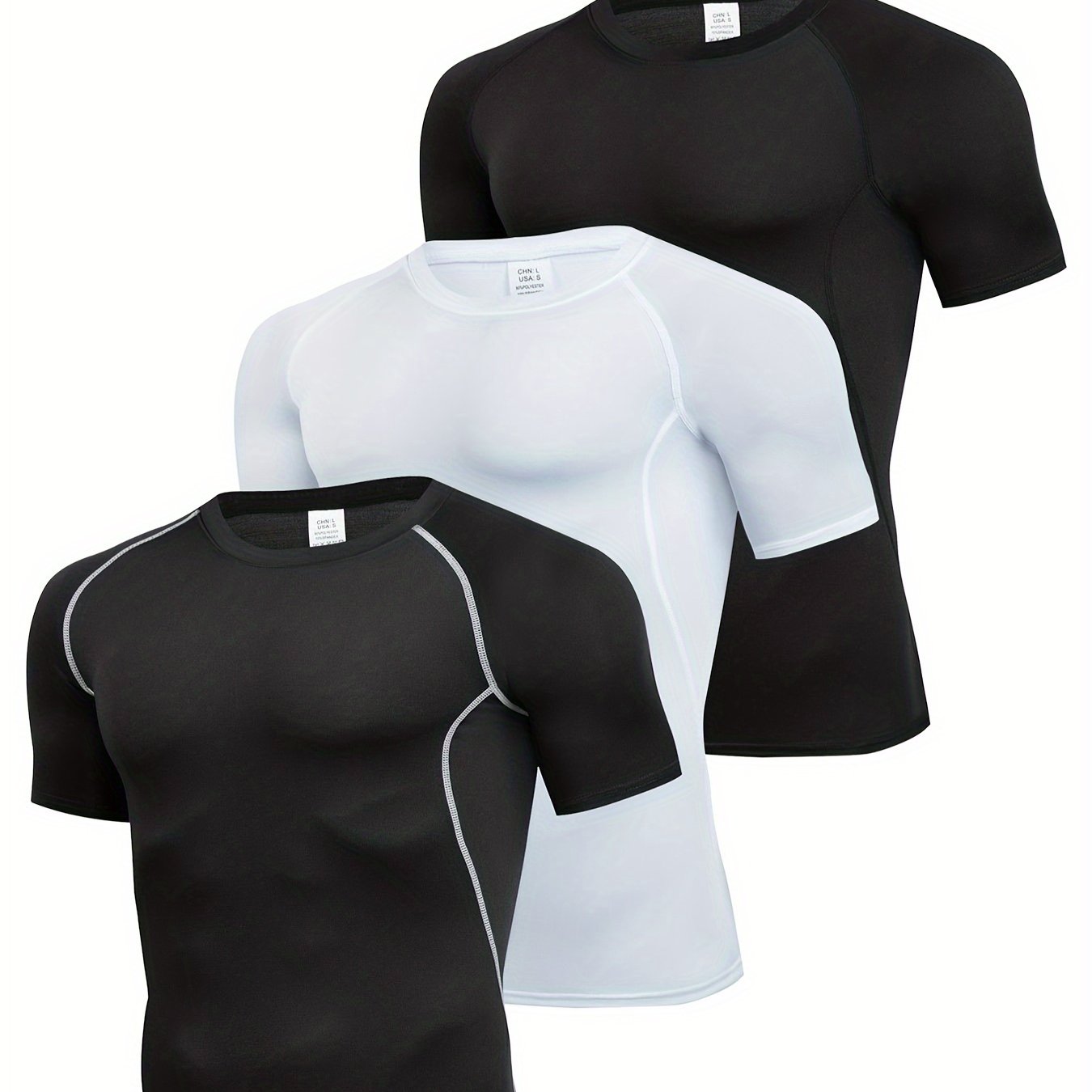 3pcs Men's Quick-Dry Compression T-Shirts - Stretch-Fit, Sweat-Wicking, Short Sleeve Athletic Shirts for Running, Basketball, and Fitness Training, Breathable Polyester-Spandex Blend Fabric, Gym Shirts