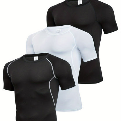 3pcs Men's Quick-Dry Compression T-Shirts - Stretch-Fit, Sweat-Wicking, Short Sleeve Athletic Shirts for Running, Basketball, and Fitness Training, Breathable Polyester-Spandex Blend Fabric, Gym Shirts