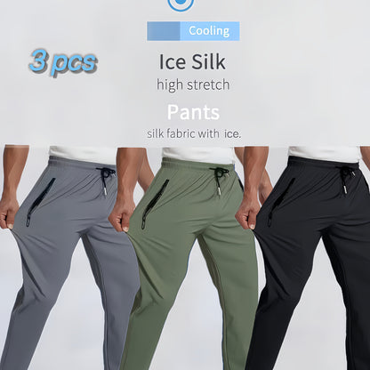Men's Three-piece Set Multi-color Matching Popular Ice Silky Pants, Summer Cool And Breathable, Sport Pants, Gym Pants, Running Pants, Hiking Pants, Everyday Casual Quick-drying Pants.