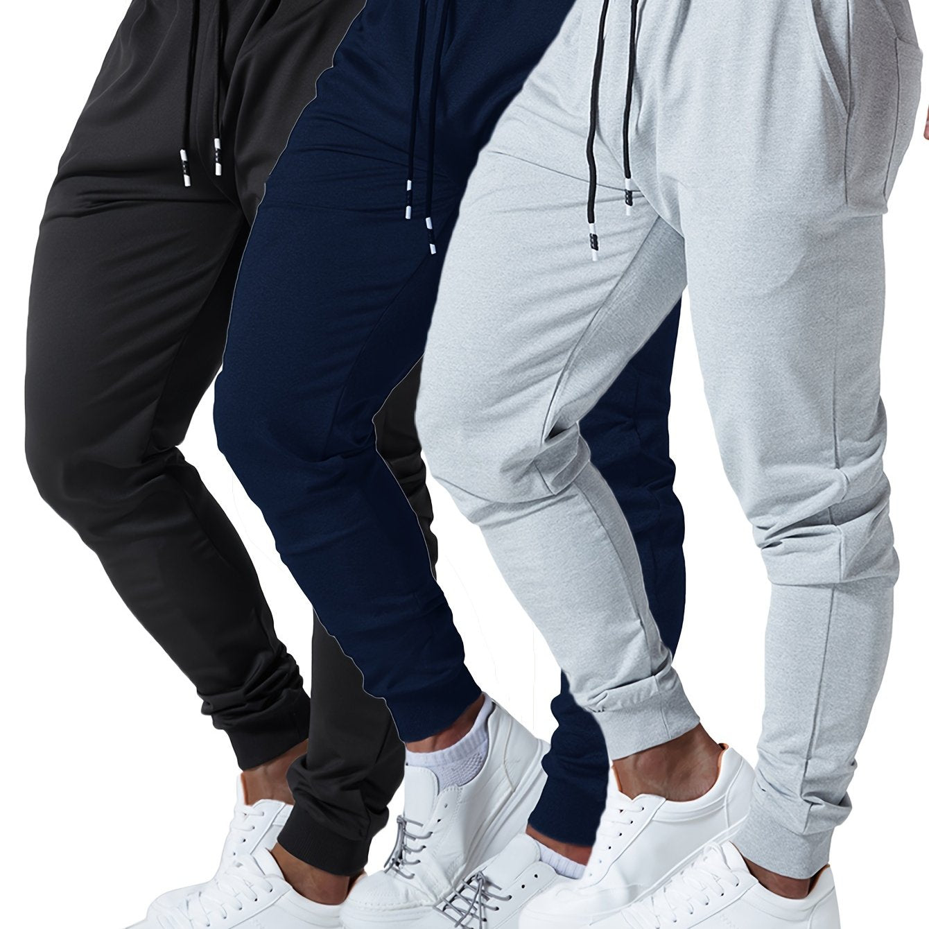 3pcs Men's Jogger Sweatpants - Ultra-Elastic Gym Pants with Deep Side Pockets, Mid-Rise Athletic Workout Bottoms, Solid Color Casual & Training Wear, Machine Washable (Regular Fit) - Bulk Pack for Running, Gym, Everyday Use -
