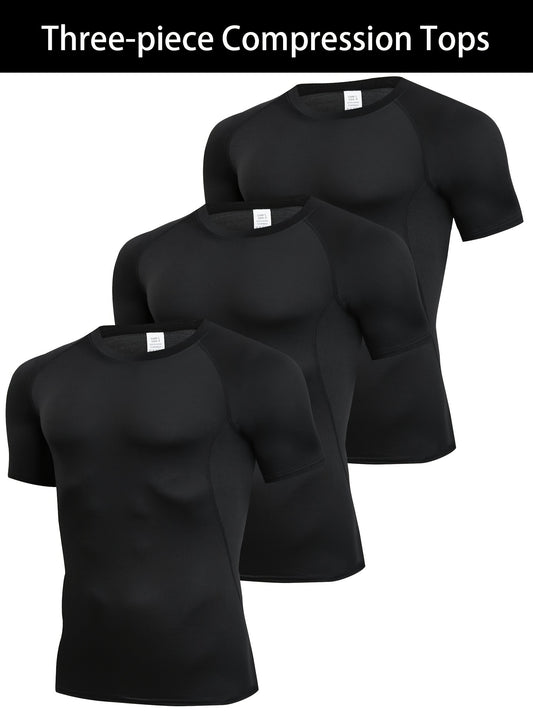 3pcs Men's Quick-Dry Compression T-Shirts - Stretch-Fit, Sweat-Wicking, Short Sleeve Athletic Shirts for Running, Basketball, and Fitness Training, Breathable Polyester-Spandex Blend Fabric, Gym Shirts