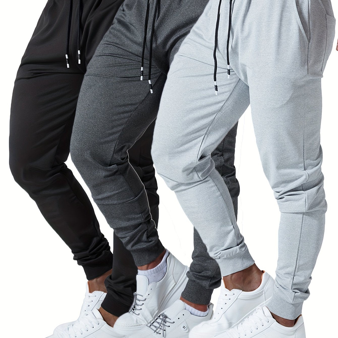 3pcs Men's Jogger Sweatpants - Ultra-Elastic Gym Pants with Deep Side Pockets, Mid-Rise Athletic Workout Bottoms, Solid Color Casual & Training Wear, Machine Washable (Regular Fit) - Bulk Pack for Running, Gym, Everyday Use -