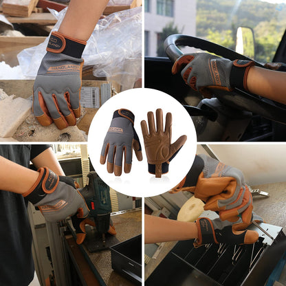 Leather Work Gloves for Men & Women, Utility Safety Work Gloves, Mechanic Driver Gardening Gloves with Cowhide Palm (XL, Brown)