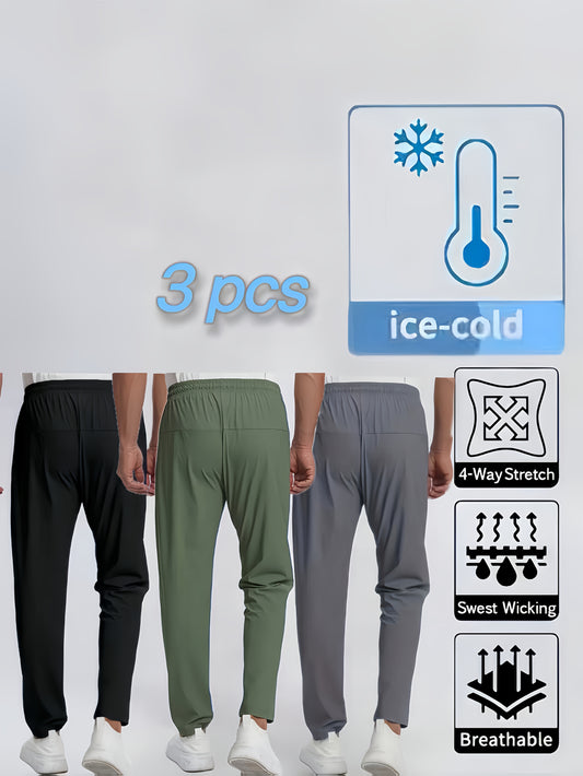 Men's Three-piece Set Multi-color Matching Popular Ice Silky Pants, Summer Cool And Breathable, Sport Pants, Gym Pants, Running Pants, Hiking Pants, Everyday Casual Quick-drying Pants.