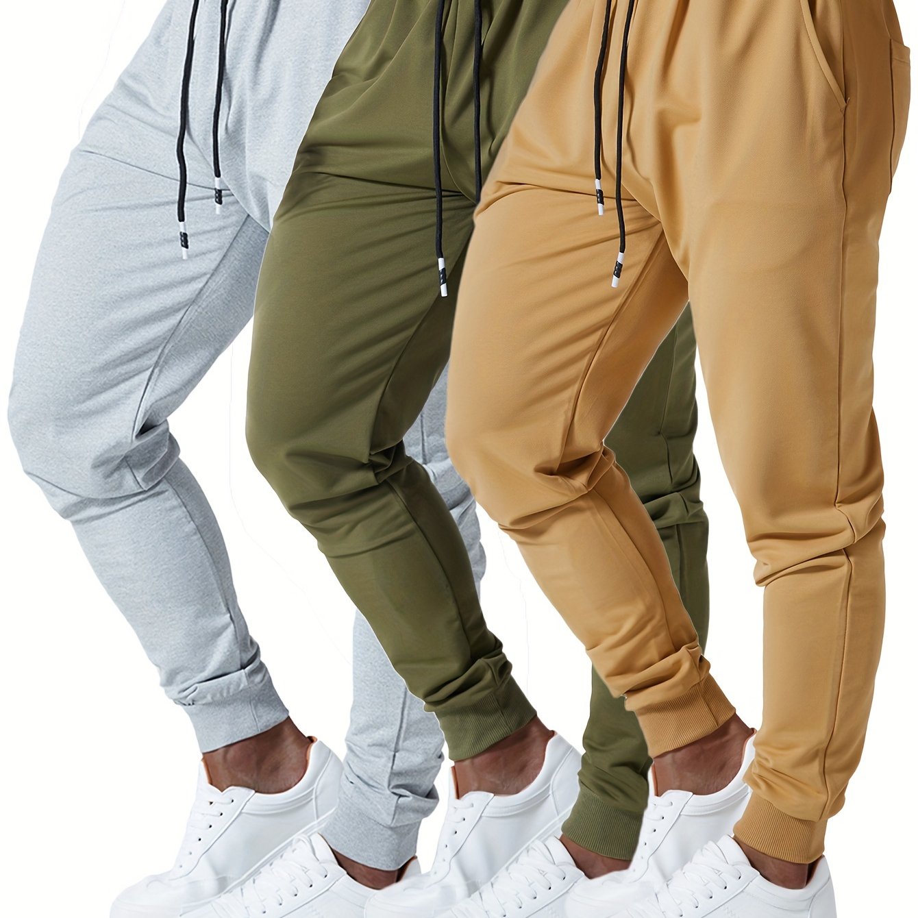 3pcs Men's Jogger Sweatpants - Ultra-Elastic Gym Pants with Deep Side Pockets, Mid-Rise Athletic Workout Bottoms, Solid Color Casual & Training Wear, Machine Washable (Regular Fit) - Bulk Pack for Running, Gym, Everyday Use -