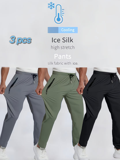 Men's Three-piece Set Multi-color Matching Popular Ice Silky Pants, Summer Cool And Breathable, Sport Pants, Gym Pants, Running Pants, Hiking Pants, Everyday Casual Quick-drying Pants.