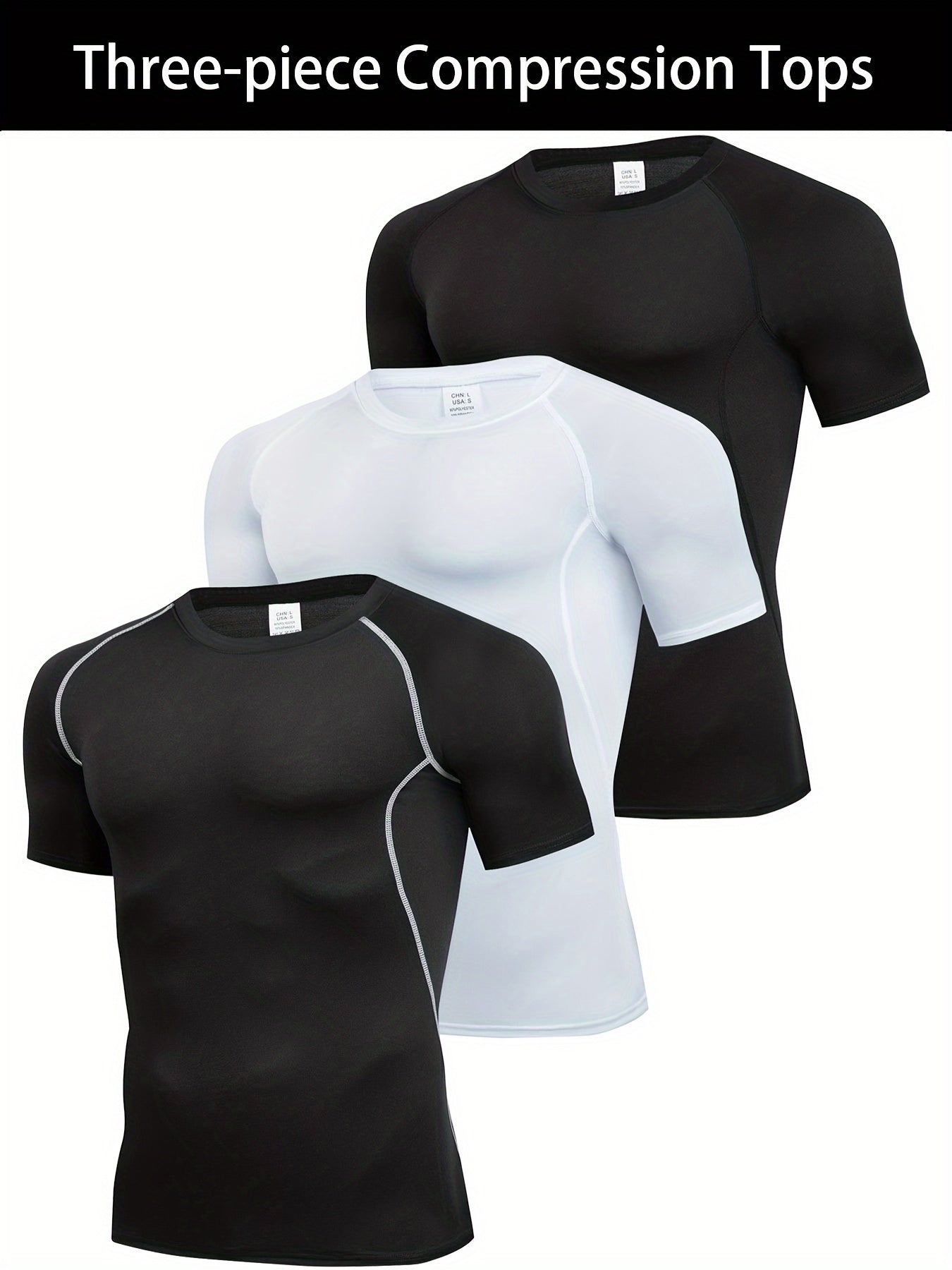 3pcs Men's Quick-Dry Compression T-Shirts - Stretch-Fit, Sweat-Wicking, Short Sleeve Athletic Shirts for Running, Basketball, and Fitness Training, Breathable Polyester-Spandex Blend Fabric, Gym Shirts