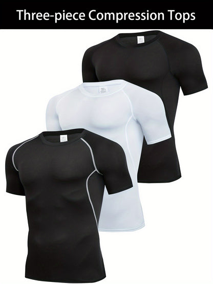 3pcs Men's Quick-Dry Compression T-Shirts - Stretch-Fit, Sweat-Wicking, Short Sleeve Athletic Shirts for Running, Basketball, and Fitness Training, Breathable Polyester-Spandex Blend Fabric, Gym Shirts