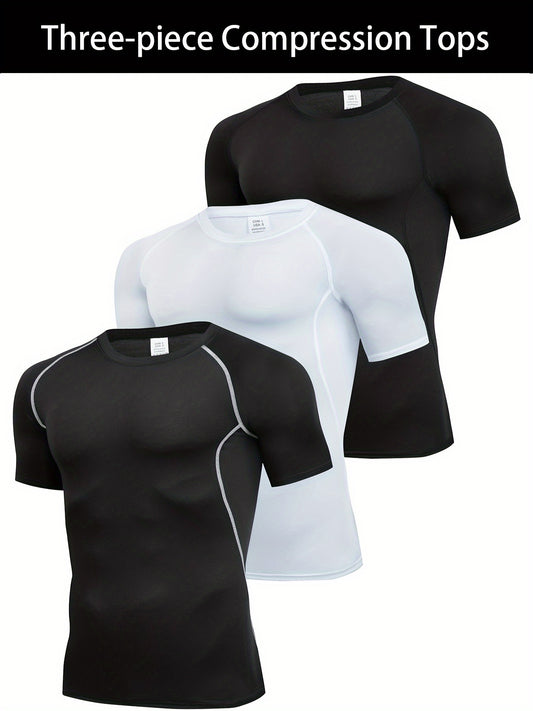 3pcs Men's Quick-Dry Compression T-Shirts - Stretch-Fit, Sweat-Wicking, Short Sleeve Athletic Shirts for Running, Basketball, and Fitness Training, Breathable Polyester-Spandex Blend Fabric, Gym Shirts