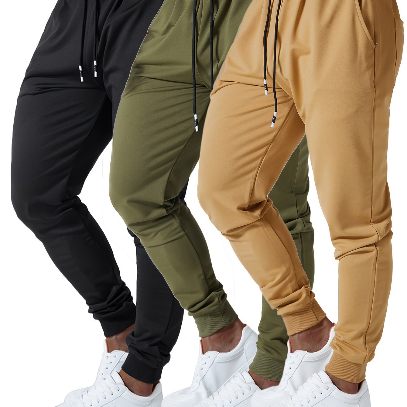 3pcs Men's Jogger Sweatpants - Ultra-Elastic Gym Pants with Deep Side Pockets, Mid-Rise Athletic Workout Bottoms, Solid Color Casual & Training Wear, Machine Washable (Regular Fit) - Bulk Pack for Running, Gym, Everyday Use -