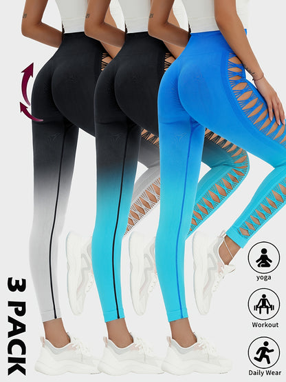 3 Pieces Women High Waisted Tummy Control Yoga Leggings Hollow Out Seamless Scrunch Butt Lifting Workout Gym Pants