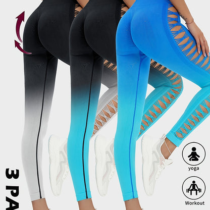3 Pieces Women High Waisted Tummy Control Yoga Leggings Hollow Out Seamless Scrunch Butt Lifting Workout Gym Pants