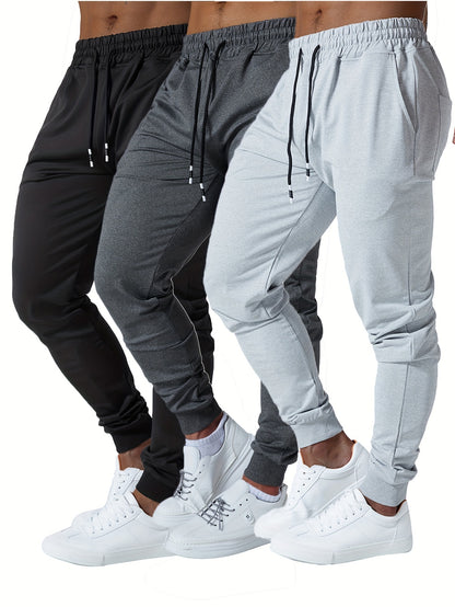 3pcs Men's Jogger Sweatpants - Ultra-Elastic Gym Pants with Deep Side Pockets, Mid-Rise Athletic Workout Bottoms, Solid Color Casual & Training Wear, Machine Washable (Regular Fit) - Bulk Pack for Running, Gym, Everyday Use -