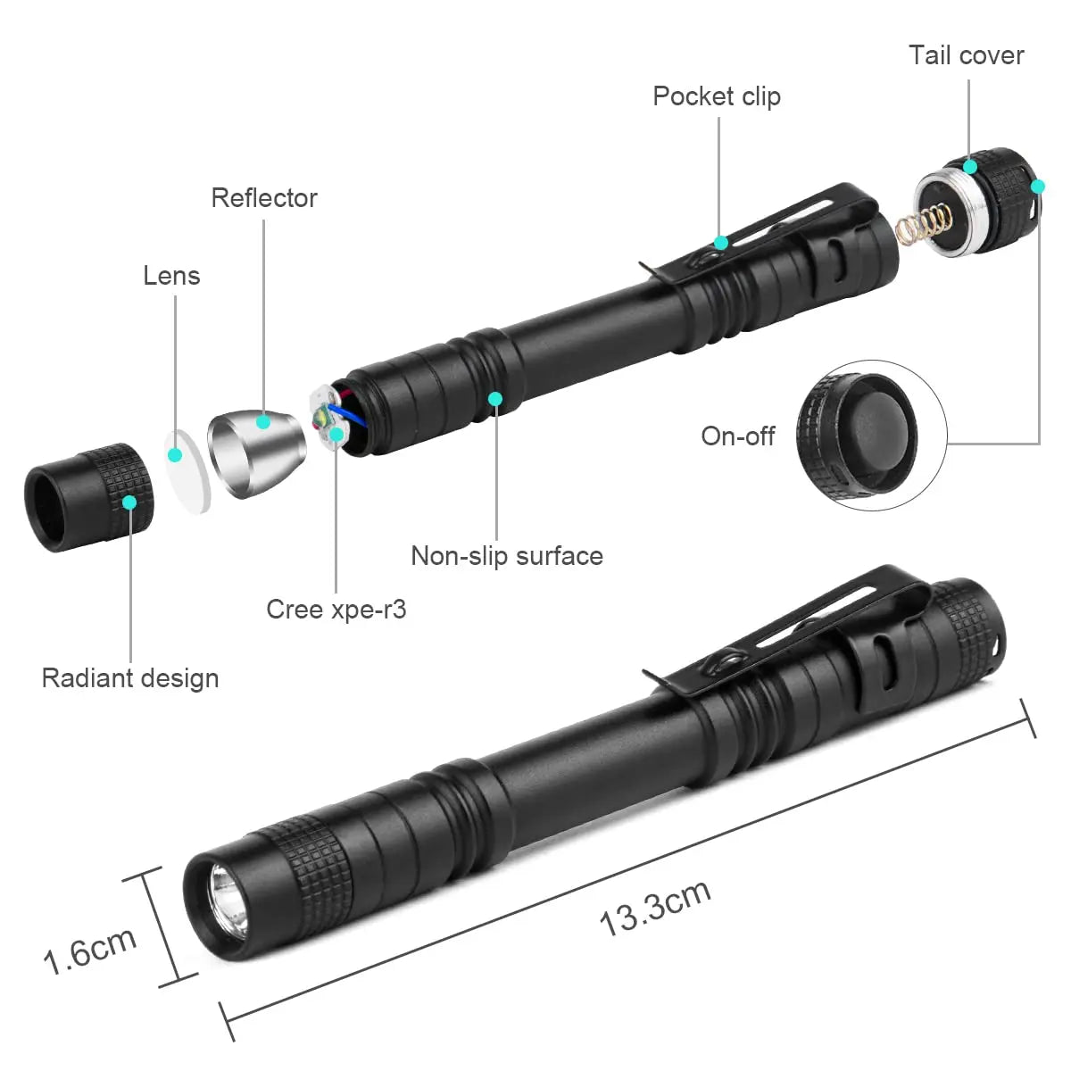 Portable Mini LED Pen Flashlight Pocket Waterproof Handheld Torch Light for Outdoor Camping Hiking Car Repair Emergency Home Use