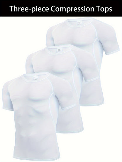 3pcs Men's Quick-Dry Compression T-Shirts - Stretch-Fit, Sweat-Wicking, Short Sleeve Athletic Shirts for Running, Basketball, and Fitness Training, Breathable Polyester-Spandex Blend Fabric, Gym Shirts
