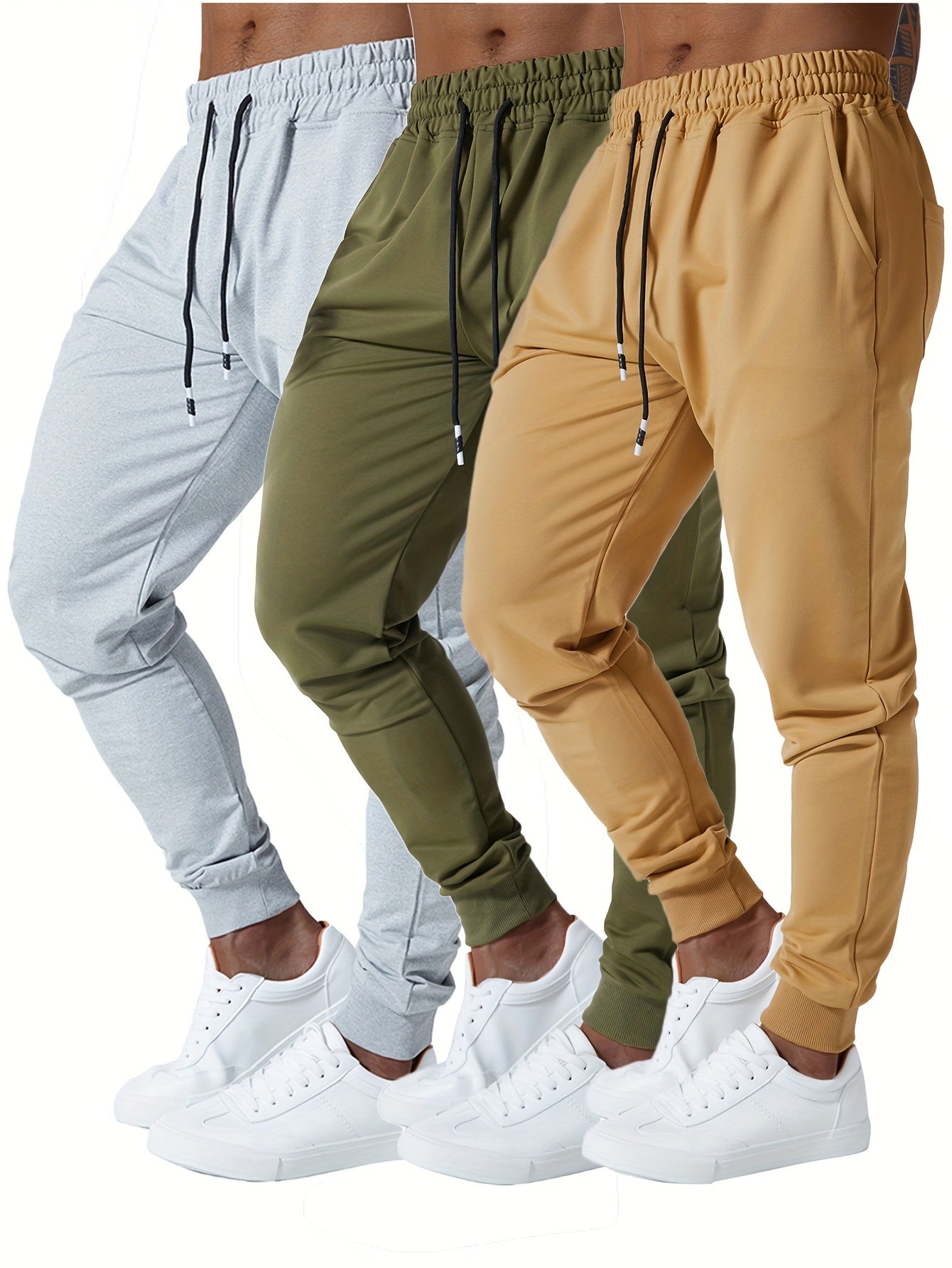 3pcs Men's Jogger Sweatpants - Ultra-Elastic Gym Pants with Deep Side Pockets, Mid-Rise Athletic Workout Bottoms, Solid Color Casual & Training Wear, Machine Washable (Regular Fit) - Bulk Pack for Running, Gym, Everyday Use -