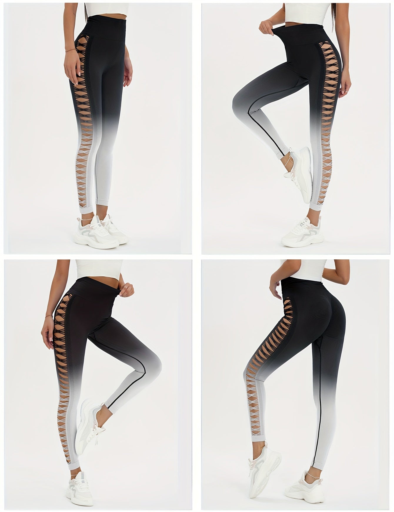 3 Pieces Women High Waisted Tummy Control Yoga Leggings Hollow Out Seamless Scrunch Butt Lifting Workout Gym Pants