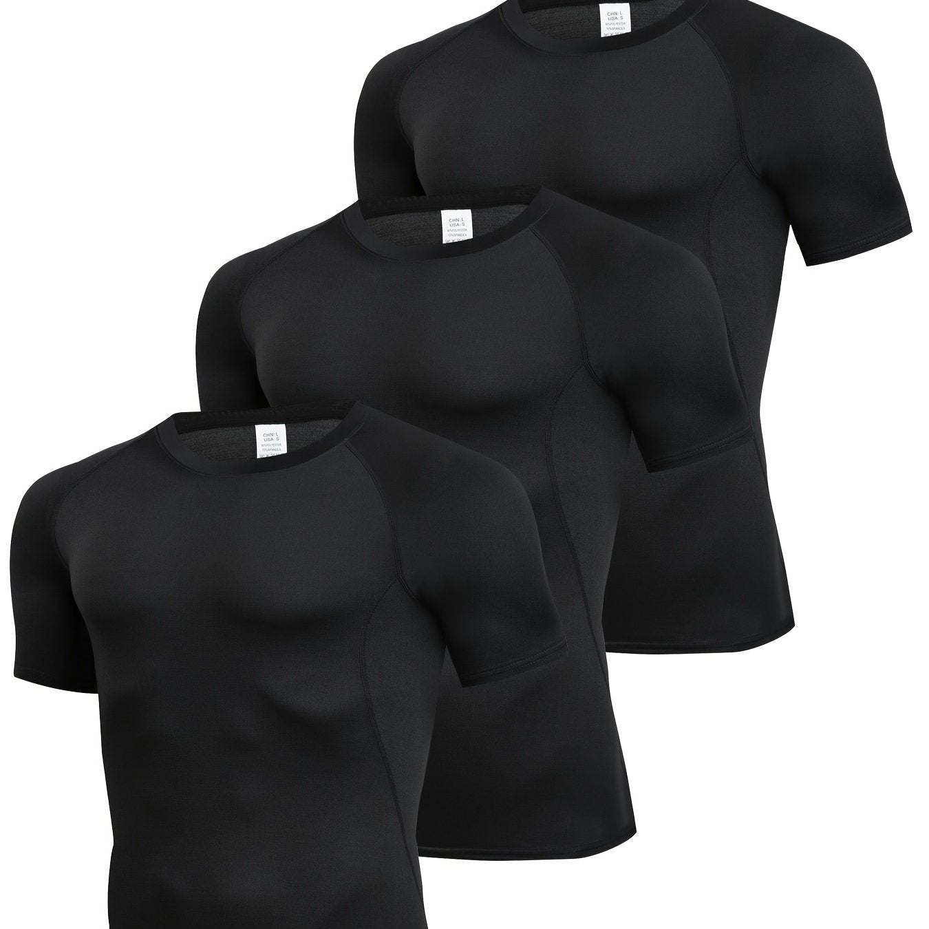 3pcs Men's Quick-Dry Compression T-Shirts - Stretch-Fit, Sweat-Wicking, Short Sleeve Athletic Shirts for Running, Basketball, and Fitness Training, Breathable Polyester-Spandex Blend Fabric, Gym Shirts