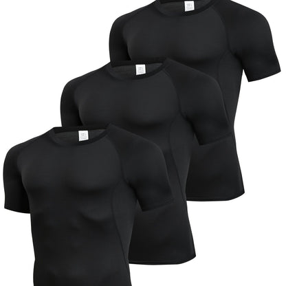 3pcs Men's Quick-Dry Compression T-Shirts - Stretch-Fit, Sweat-Wicking, Short Sleeve Athletic Shirts for Running, Basketball, and Fitness Training, Breathable Polyester-Spandex Blend Fabric, Gym Shirts