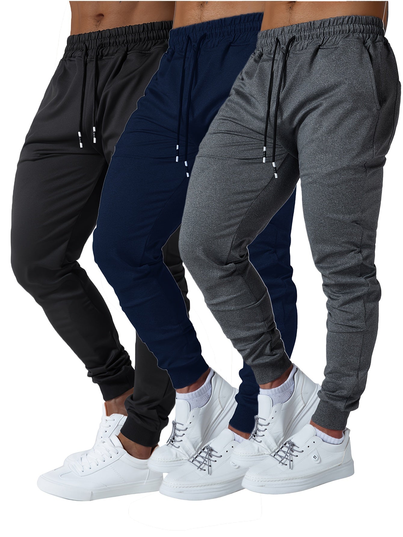 3pcs Men's Jogger Sweatpants - Ultra-Elastic Gym Pants with Deep Side Pockets, Mid-Rise Athletic Workout Bottoms, Solid Color Casual & Training Wear, Machine Washable (Regular Fit) - Bulk Pack for Running, Gym, Everyday Use -