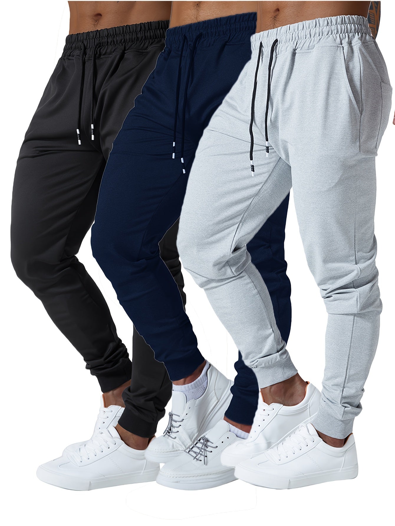 3pcs Men's Jogger Sweatpants - Ultra-Elastic Gym Pants with Deep Side Pockets, Mid-Rise Athletic Workout Bottoms, Solid Color Casual & Training Wear, Machine Washable (Regular Fit) - Bulk Pack for Running, Gym, Everyday Use -