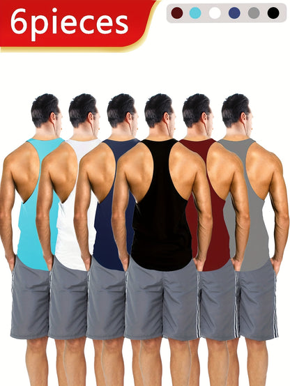 [Quick-Dry Athletic Vests] 6pcs Men's Quick-Dry Athletic Sleeveless Vests - Lightweight Breathable Gym Shirts in Black/Gray/Red/Blue, Elastic Fabric Muscle Tops for Workout, Casual, Travel, Outdoor Activities, Versatile Vest,