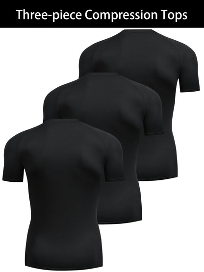 3pcs Men's Quick-Dry Compression T-Shirts - Stretch-Fit, Sweat-Wicking, Short Sleeve Athletic Shirts for Running, Basketball, and Fitness Training, Breathable Polyester-Spandex Blend Fabric, Gym Shirts