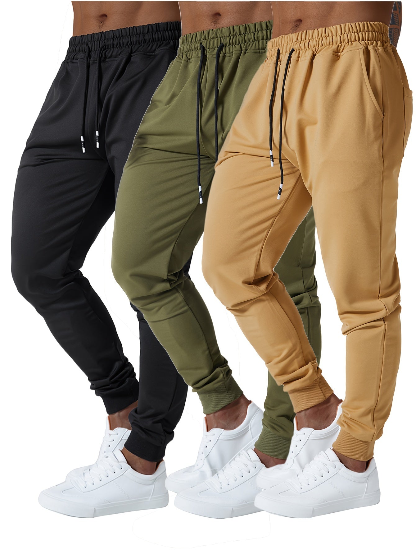 3pcs Men's Jogger Sweatpants - Ultra-Elastic Gym Pants with Deep Side Pockets, Mid-Rise Athletic Workout Bottoms, Solid Color Casual & Training Wear, Machine Washable (Regular Fit) - Bulk Pack for Running, Gym, Everyday Use -